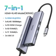 Hub chuyển đổi Type C Ugreen 90568 4K30Hz USB type C to 2 * USB3.0 + HDMI + RJ45 + SD&TF + PD Converter